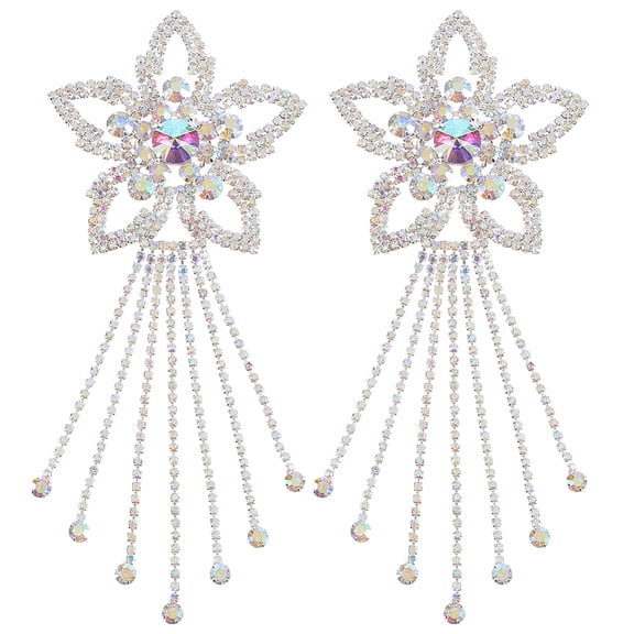 2Pcs Rhinestone Flower Applique Silver 3D Floral Bling Sparkle Glass Diamond Tassel Sew on Appliques Patches Bulk