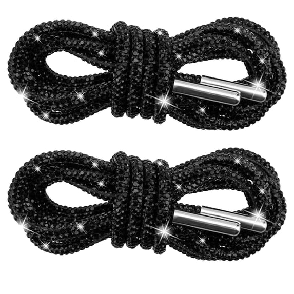 2Pcs Rhinestone Glitter Shoelace, Crystal Round Hoodie String Ropes, Replacement Drawstring Cords for Sneakers, Black