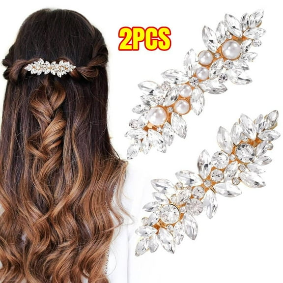 2Pcs Rhinestone Hair Clips Sparkly Crystal Pearl Hair Barrettes Fancy Hair Pin Wedding Prom Formal Dance Accessories for Thick Long Hair Bride Women