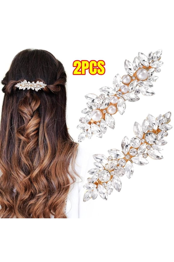 2Pcs Rhinestone Hair Clips Sparkly Crystal Pearl Hair Barrettes Fancy Hair Pin Wedding Prom Formal Dance Accessories for Thick Long Hair Bride Women