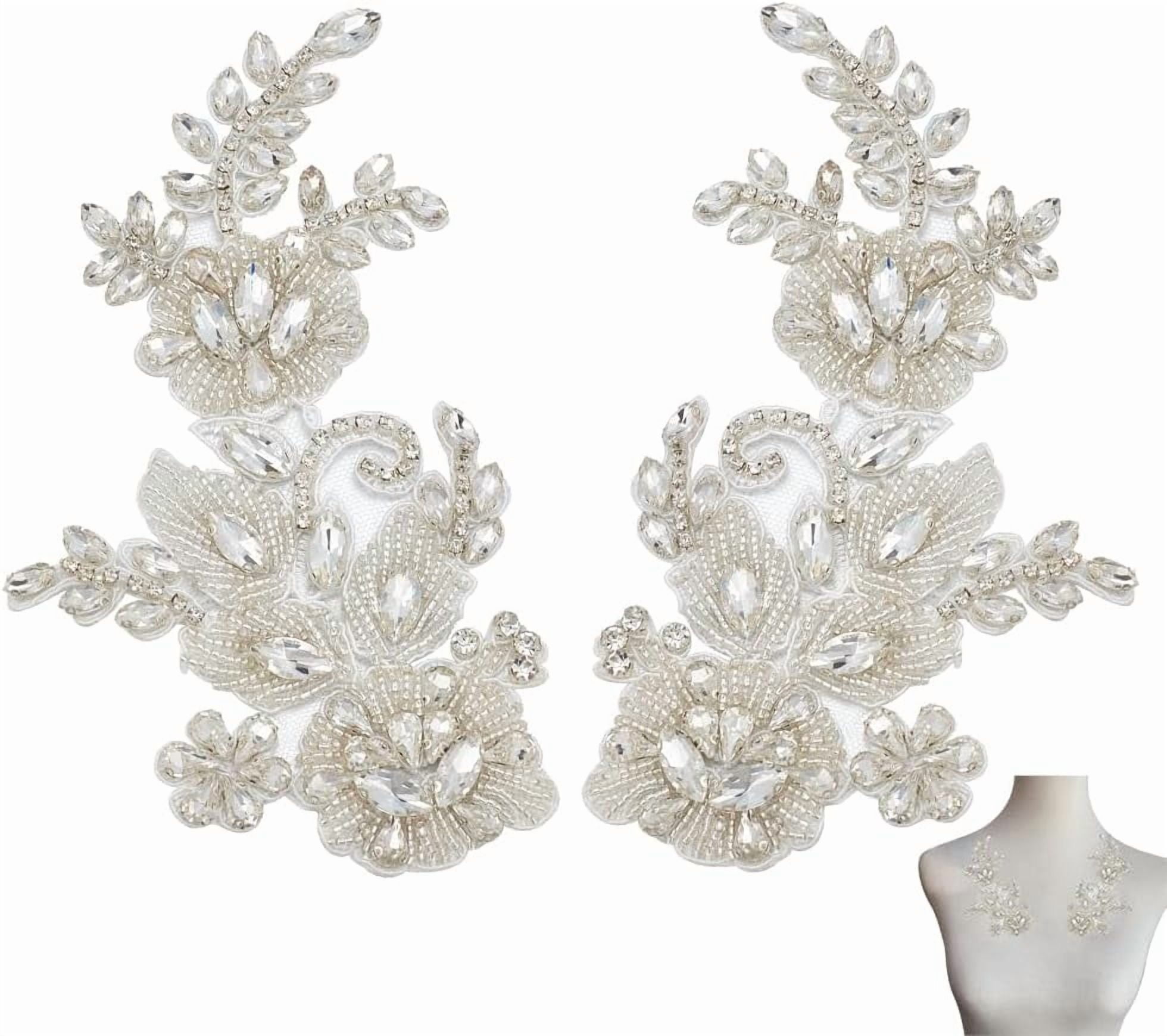 2Pcs Rhinestone Lace Applique Sparkling Rhinestone Iron on Wedding Applique Patches for Bridal Dress Decoration Handmade Sewing on Neckline Embroidery Applique for DIY Costume Dress Clear