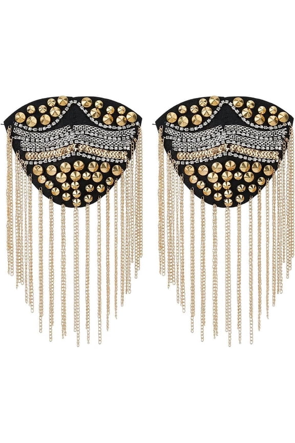 2Pcs Rhinestone Shoulder Badges 20x11.3x0.75cm Detachable Iron Tassel Epaulets Golden Shoulder Brooch for Men and Women Cloth Uniform Accessories for DIY