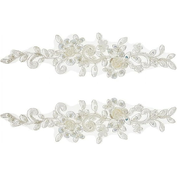 2Pcs Rhinestones lace Trim Patches Flower Embroidery Lace Trim White Sequin Bead Floral Embroidered Polyester Sew on Applique Patches for Bridal Wedding Dance Costume