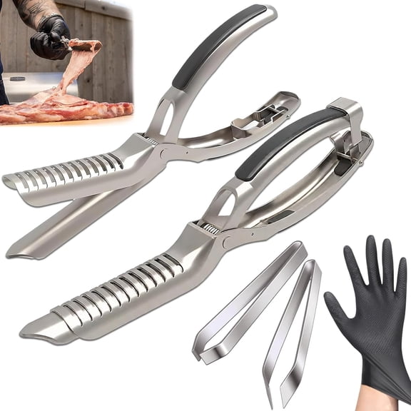 2Pcs Rib Membrane Removal Tools, Rib Prep Tool, Stainless Steel BBQ Rib Skinner with 2Pcs Tweezers Pliers and Gloves, for Easy Rib Skinner, Kitchen Gadgets for Barbecue Enthusiasts & Chefs
