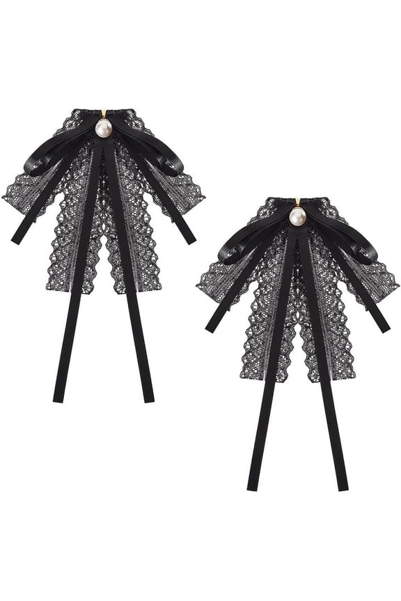 2Pcs Ribbon Bow Brooch Black Lace Bow Tie Brooches for Women Pre-Tied Pearl Neck Tie Brooch Pin Bow Tie Lace Ribbon for Women Shirt Party Birthday Graduation Accessories 2 pc
