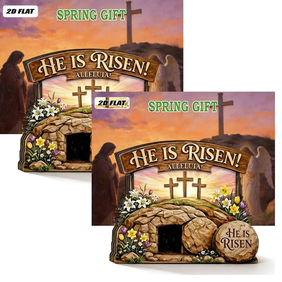2Pcs He Is Risen Easter Night Scene Wooden Tomb Decor With Cave, Easter Resurrection Scene Set, Christian Resurrection Display For Home, Religious Spring Table Decoration 13Cm/4.9In