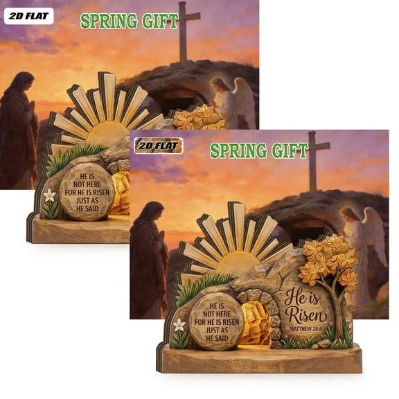 2Pcs He Is Risen Easter Night Scene Wooden Tomb Decor With Cave, Easter Resurrection Scene Set, Christian Resurrection Display For Home, Religious Spring Table Decoration 13Cm/4.9In