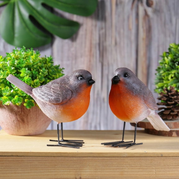 2Pcs Robin Figurines Ornaments Resin Bird Statues Small Realistic Bird Animal Figurines for Shelf Desk Garden Patio Lawn and Miniature Scene Window Outdoor Decor