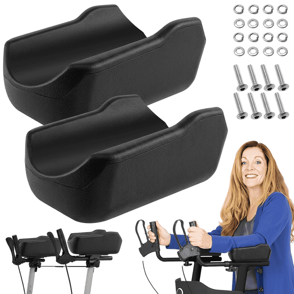 2 Pcs Rollator Armrest Pad for Upright Walker, Universal Replacement Forearm Support Cushions with Wood Base and Full Hardware Kit, Black 7.09x4.72 in