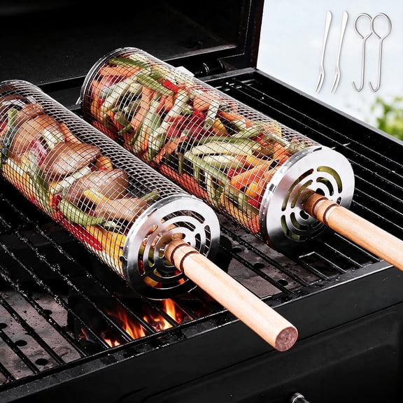 2Pcs Rolling Grilling Basket, Nesting Grill BBQ Net Tube with Wooden Handles, Stainless Steel Camping Grill Mesh Cylinder, Smoker Grilling Accessories for Vegetables Fish Meat