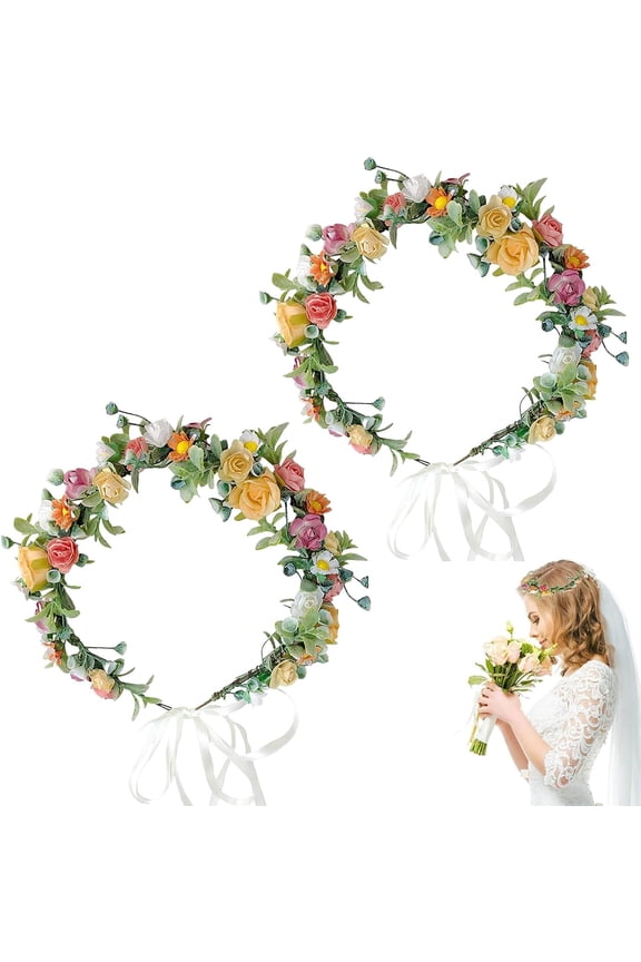 2Pcs Rose Flower Crown, Floral Wreath Headband, Wedding Bridal Headpiece Hawaiian Party Accessories, Bohemian Style Headdress for Fun Day Out Bridal Headwear Party Festivals Hair Accessories