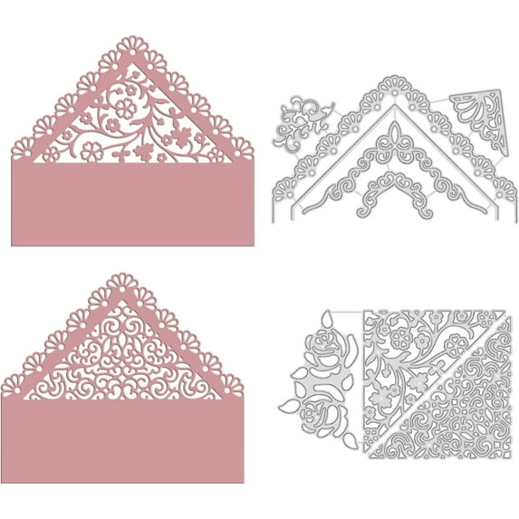 2Pcs Rose Flower Envelope Liners Metal Cutting Dies Corner Stencils for DIY Scrapbooking Wedding Birthday Valentine's Day Cards Making Album Envelope DecorationMatte Platinum Silver