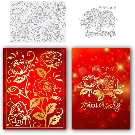 2Pcs Rose Hot Foil Plate Happy Anniversary Flower Carbon Steel Metal Dies for Card Making Wedding Festival Decoration Paper Crafts 1mm Thick for DIY