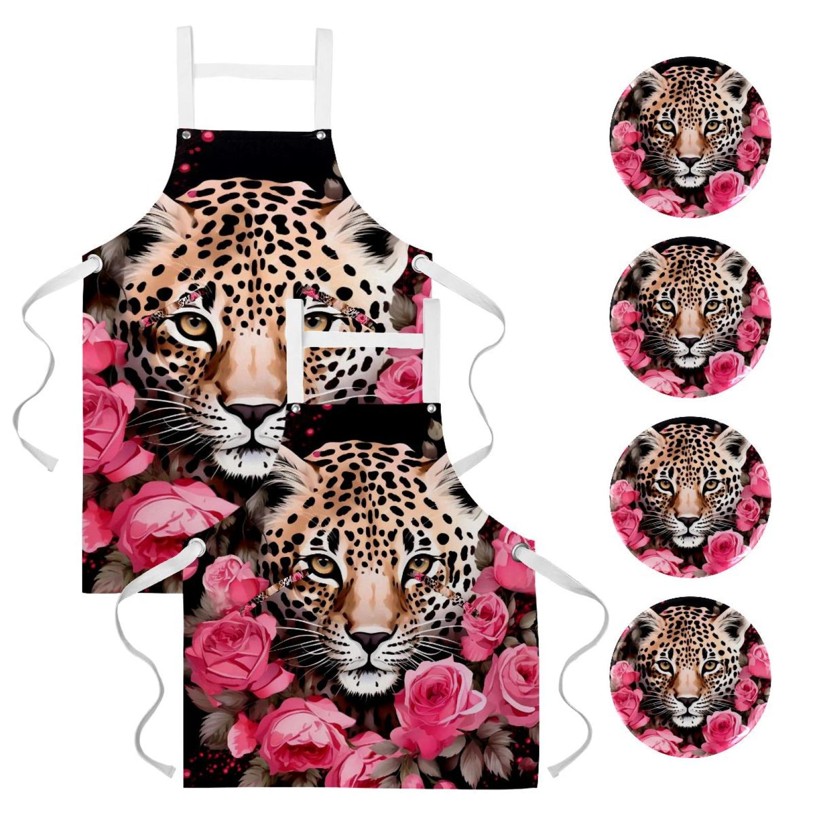 2Pcs Rose Leopard Versatile Aprons Set Kitchen, Baking,Cooking