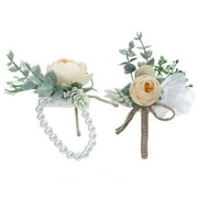 NOVOBEY 2Pcs Rose Wrist Corsage Wristlet Band Bracelet and Men Boutonniere Set,Groom Groomsman Best Man and Girl Brides Wedding Flowers Accessories Prom Suit, White