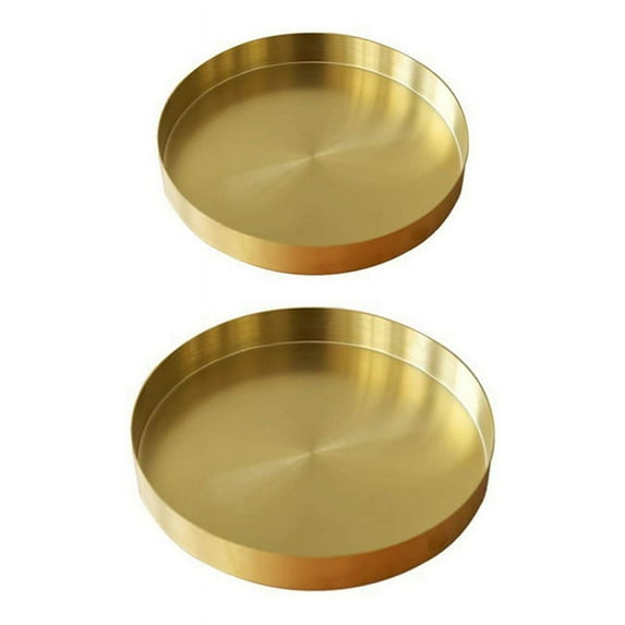2Pcs Round Gold Tray,Metal Decorative Makeup Tray Organizer for Vanity,Bathroom,Matte Brass Finish, 1.8 Inch & 7.9 Inch