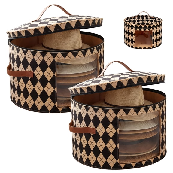 2Pcs Round Hat Storage Box Foldable Felt Hat Boxes for Women and Men with Handle and Transparent Window Portable Organizer for Hat Storing Towel Gloves Clothes