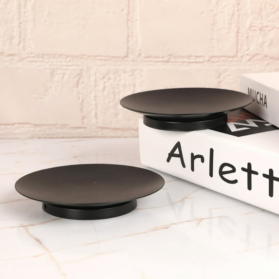 2Pcs Round Metal Candle Holder Living Room Bedroom Tea Scented Pillar Wax Candle Countertop Tray Plate Stand Birthday/ 2PC candle tray black