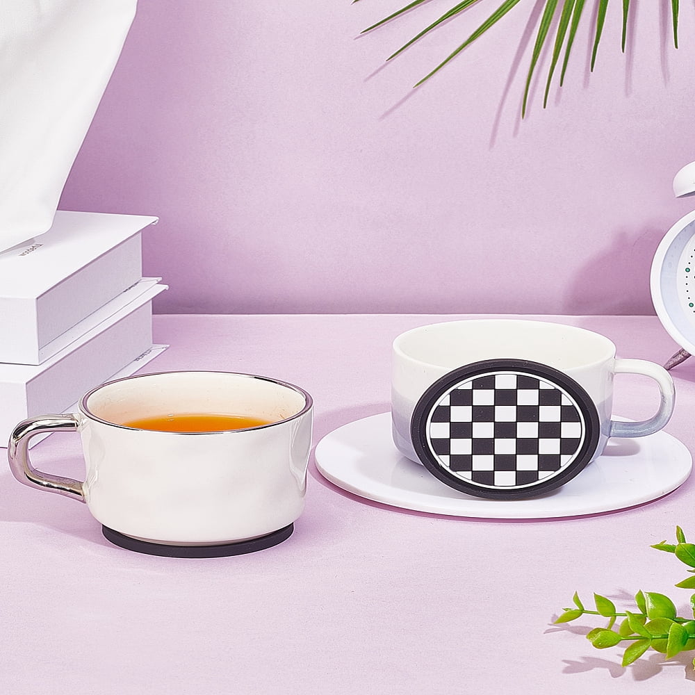 Coaster Mat Pvc 2Pcs Round with Tartan Pattern PVC Coaster Black White Cup Mats Heat ...