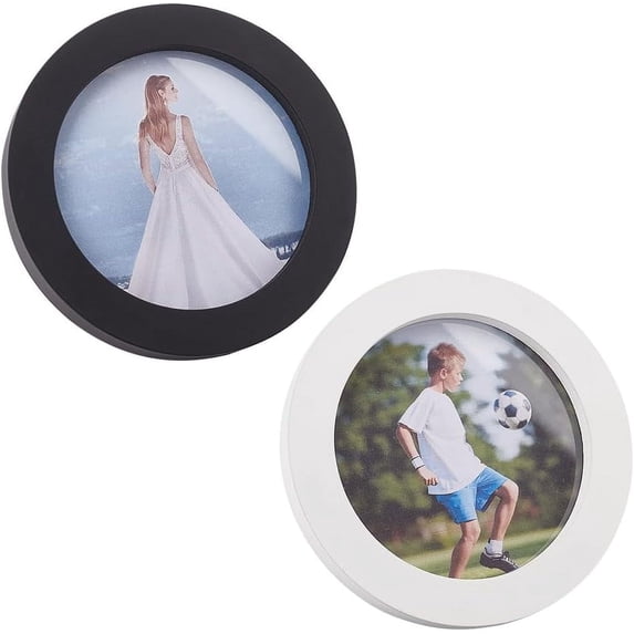 DIY 2Pcs Round Wooden Photo Frame Round Photo Display Frame Wall Hanging Picture Frames for Home Office Wall Decor Inner Diameter 5 Inch Black & White DIY
