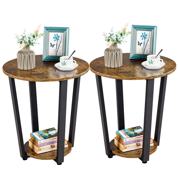 2Pcs Round Wooden Side End Tables, Rustic Brown