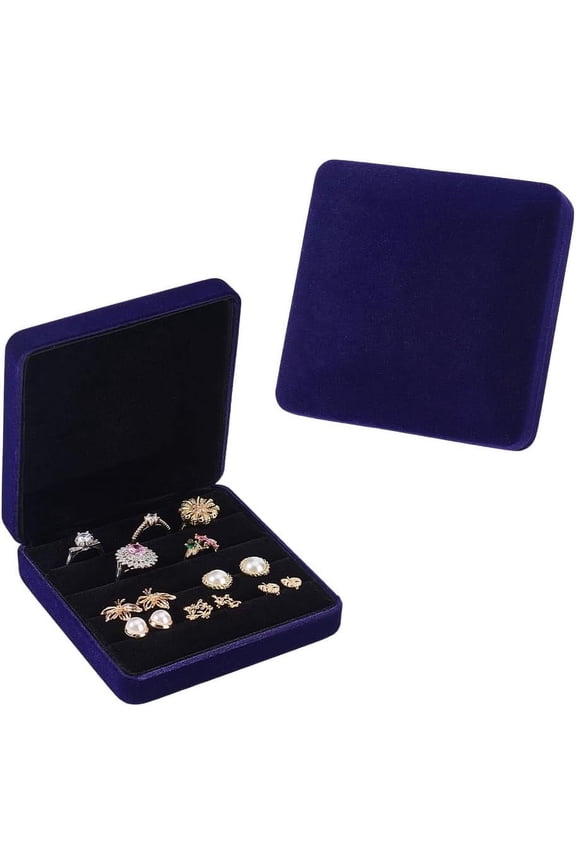 2Pcs Royal Blue Velvet Ring Storage Boxes 4.8x4.8x1.7 Inch Velvet Ring Organizer Box 4 Slot Portable Rings Jewelry Holder Case Ring Storage Tray for Home Jewelry Store Travel Black