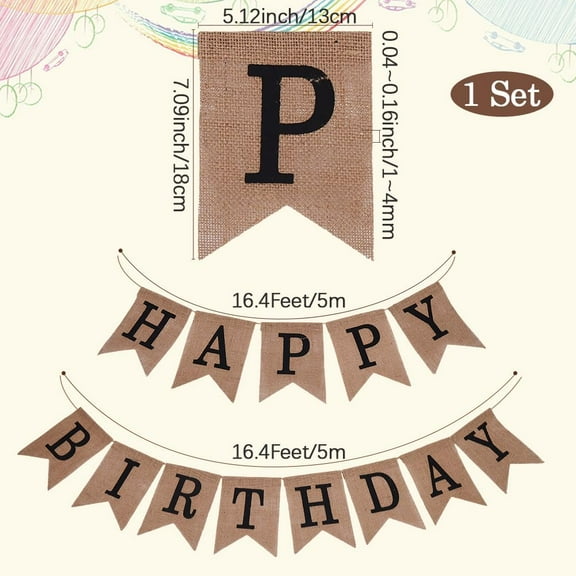 2Pcs Rustic Happy Birthday Banner Bunting Garland 5m Long Black Letter Bunting Flags Linen Rusable Country No DIY Hanging Banners for Decoration Birthday Party Shower Photo Prop Supplies