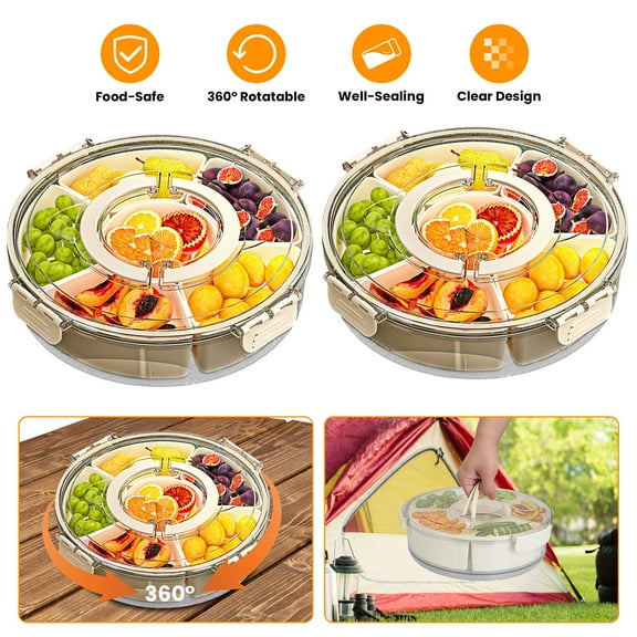2Pcs S/L Clear Portable Divided Serving Tray with 6 Dividers, 360° Rotatable Snack Platters Box Container for Fruit Candy Nut Party Picnic