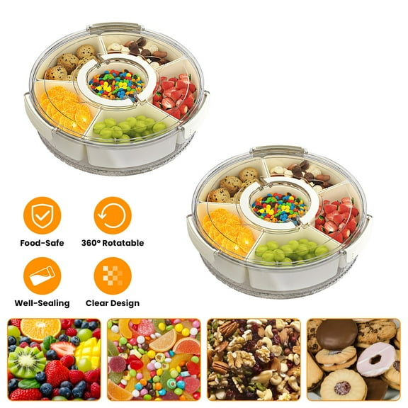 2Pcs S/L Clear Portable Divided Serving Tray with 6 Dividers, 360° Rotatable Snack Platters Box Container for Fruit Candy Nut Party Picnic