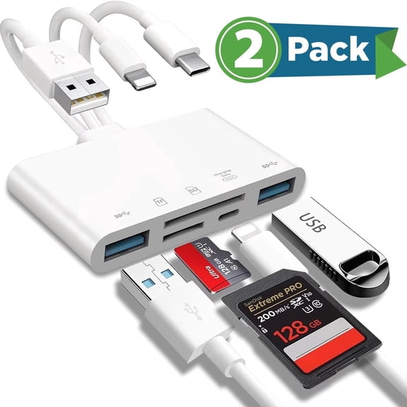 2Pcs SD Card Reader 5-in-1, Multi-Ports Memory Card Reader for for i-Phone/i-Pad, USB C and USB A Devices with Micro SD & SD Card Slots, Supports SD/Micro SD/SDHC/SDXC/MMC