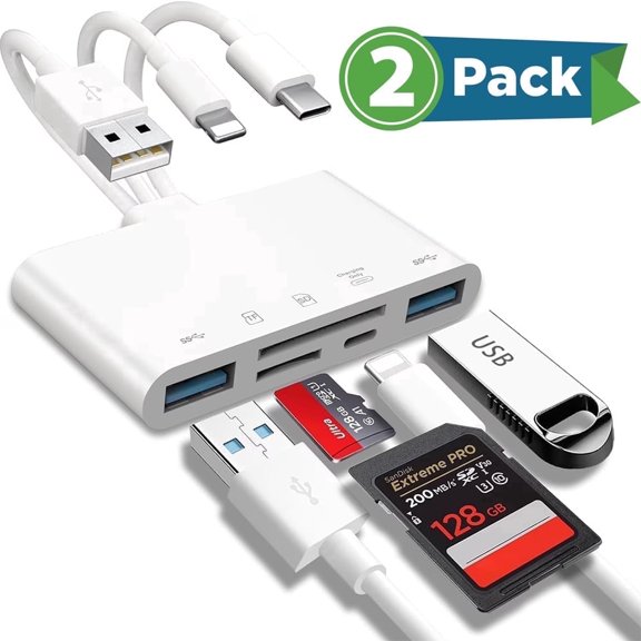 2Pcs SD Card Reader 5-in-1, Multi-Ports Memory Card Reader for for i-Phone/i-Pad, USB C and USB A Devices with Micro SD & SD Card Slots, Supports SD/Micro SD/SDHC/SDXC/MMC