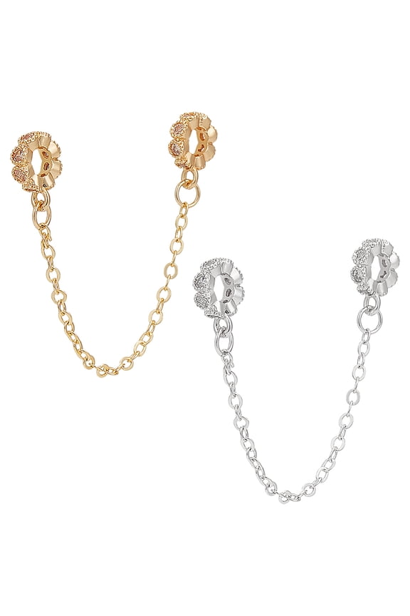 2Pcs Safety Chain Charm Gold Sliver Dangle Pendants with Heart Clear Beads DIY