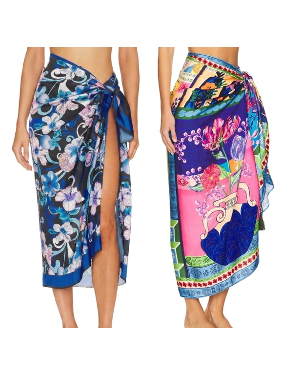 2Pcs Sarong Beach Coverups for Women, Long Chiffon Bikini Sheer Wrap Skirt for Swimsuit Poolside Summer Vacation
