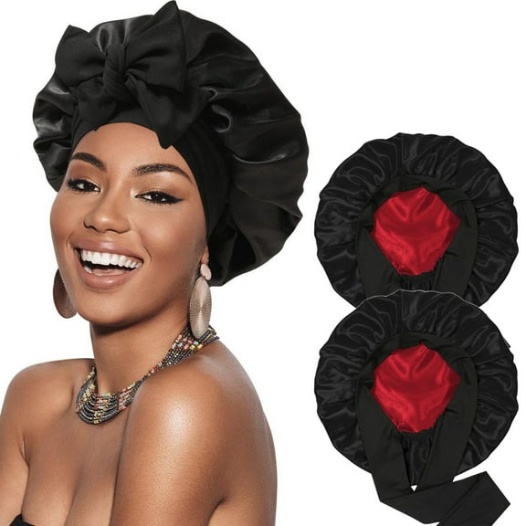 2Pcs Satin Bonnet Silk Bonnet for Sleeping Silk Sleep Cap Double Layer Hair Bonnet with Elastic Tie Band for Curly Hair Night Cap