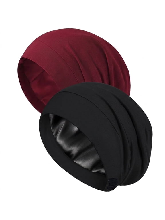 2Pcs Satin Lined Bonnet Beanie Hats for Sleeping, Adjustable Slouchy Night Sleep Caps Hair Wrap for Women Men, Black & Burgundy