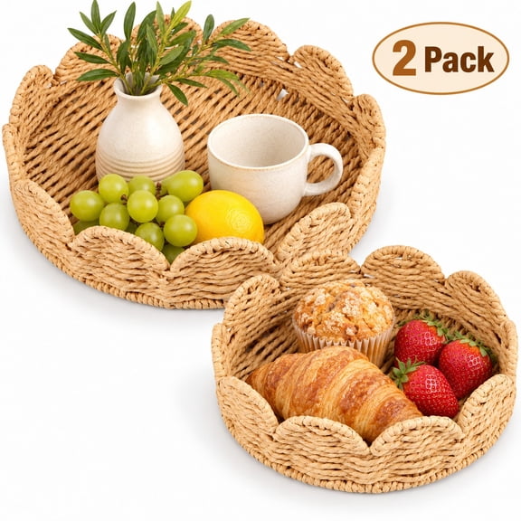 2Pcs Scalloped Basket, Scalloped Edge Round Tray Hand Woven Storage Basket, Woven Serving Trays for Organizing and Home Decor