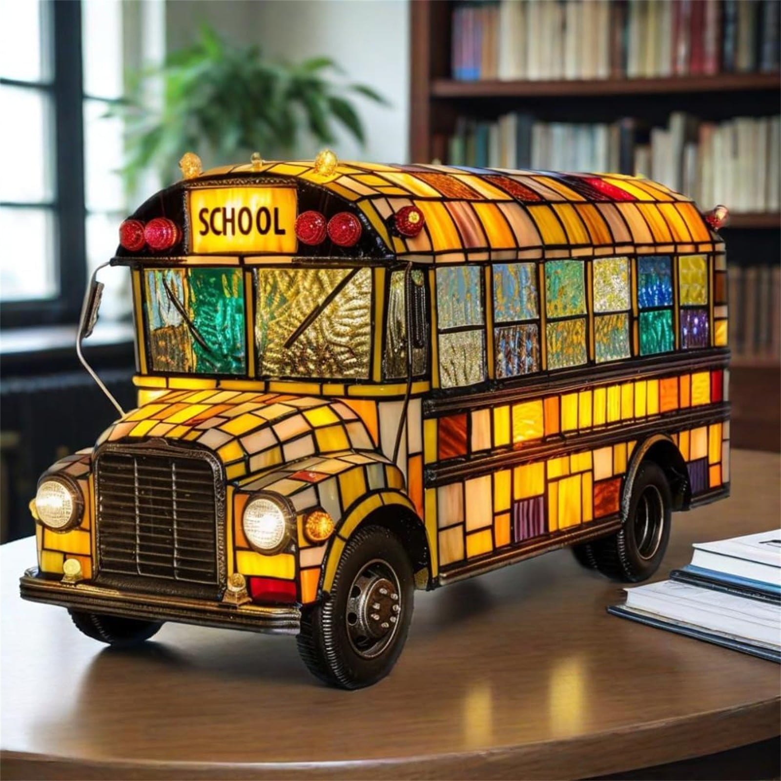 2Pcs School Bus Lamp, 7in Cute lamp,Stained Resin Yellow Bus Tabletop ...