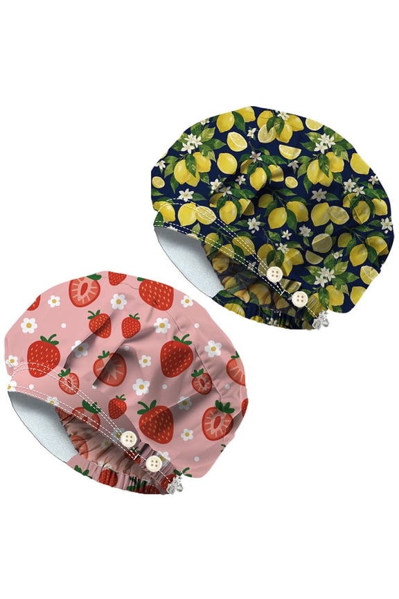 2Pcs Scrub Caps with 4 Buttons Adjustable Nursing Working Caps With Button Sweatband Bouffant for Women Men Doctor Fruit