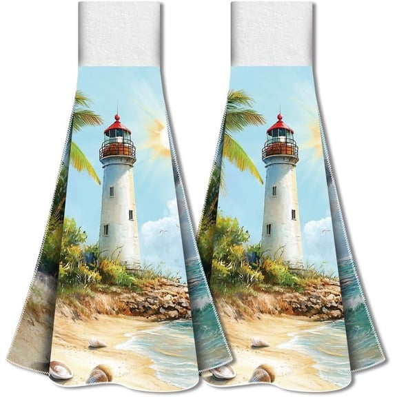 2Pcs Sea Beach Hand Towels with Hanging Loop Ocean Lighthouse Hanging Towel for Kitchen Bathroom Microfiber Absorbent Hand Tie Towels Soft Thick Tea Dish Washcloth for Washroom Women Gift