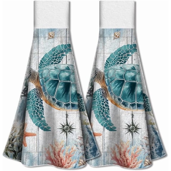 2Pcs Sea Turtle Hand Towels with Hanging Loop Summer Ocean Hanging Towel for Kitchen Bathroom Microfiber Absorbent Hand Tie Towels Soft Tea Dish Towel Cloth for Washroom Laundry Room Mixed Color