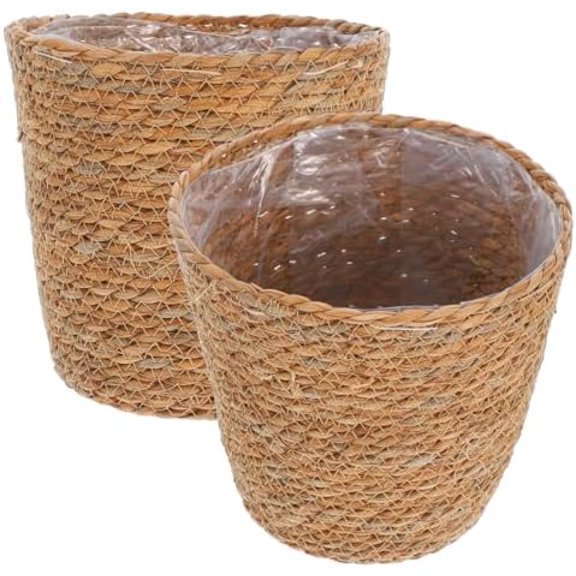 2Pcs Seagrass Basket Covers for Indoor Plants Unique Decorative Storage Baskets Versatile Flower Pot Liners for Living Room Bedroom and Kitchen Decor$$Garden & Patio