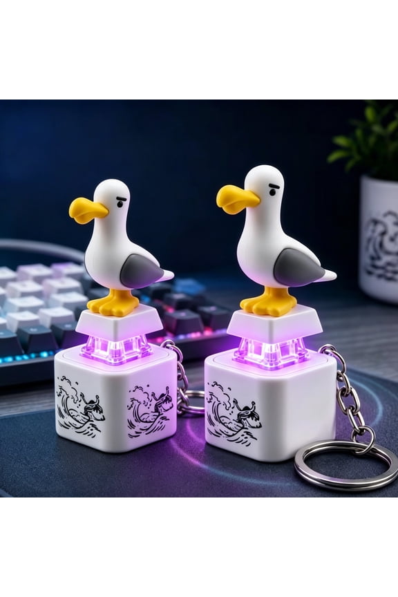 2Pcs Seagull Mine Button Keychain, Rechargeable Fidget Clicker with Real Sound & LED Light, Funny Interactive Desk Stress Relief Toy Gifts for Adults