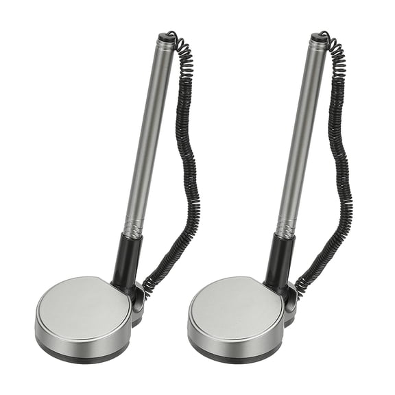 2Pcs Secure Pen with Adhesive Chain and Security Pen Holder, Reception Counter Pens Desktop Pen Black Ink Refills for Desk Workplace Office Home Supplies Round Base, Gray