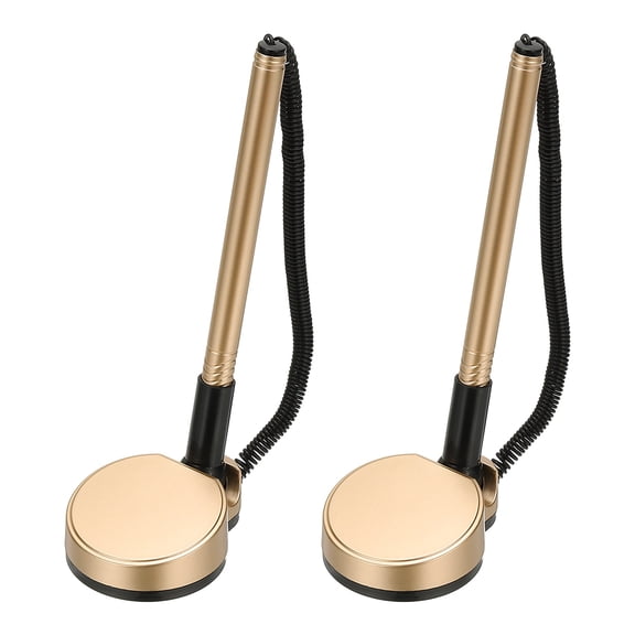 2Pcs Secure Pen with Adhesive Chain and Security Pen Holder, Reception Counter Pens Desktop Pen Black Ink Refills for Desk Workplace Office Home Supplies Round Base, Champagne Gold