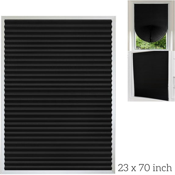2Pcs Self Adhesive Blinds for Windows, 23 x 70in Temporary Window Shades Light Filtering Pleated Fabric Shade No Drilling Self Adhesive Blinds Room Darkening Blinds for Home Office Window, Black