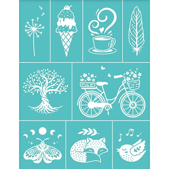 2Pcs Self-Adhesive Silk Screen Printing Stencil Ice Cream Tree Bike Bird Fox Butterfly Mesh Transfers Silk Screen Reusable Stencil 11x8.5 Inch