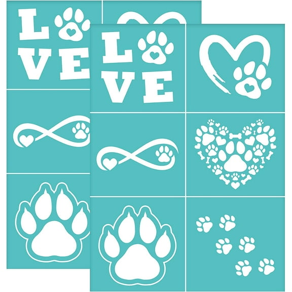 2Pcs Self-Adhesive Silk Screen Printing Stencil Paw Print Silk Screen Stencil Heart Infinity Paw Print Reusable Mesh Stencils Transfer for DIY T-Shirt Fabric Painting - 5.5x7.7 Inch Turquoise