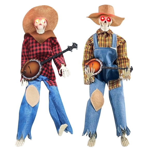 2Pcs Set 15" Animated Banjo Skeletons with Clothes and Hat for Yard Garden Props Halloween Party Decor