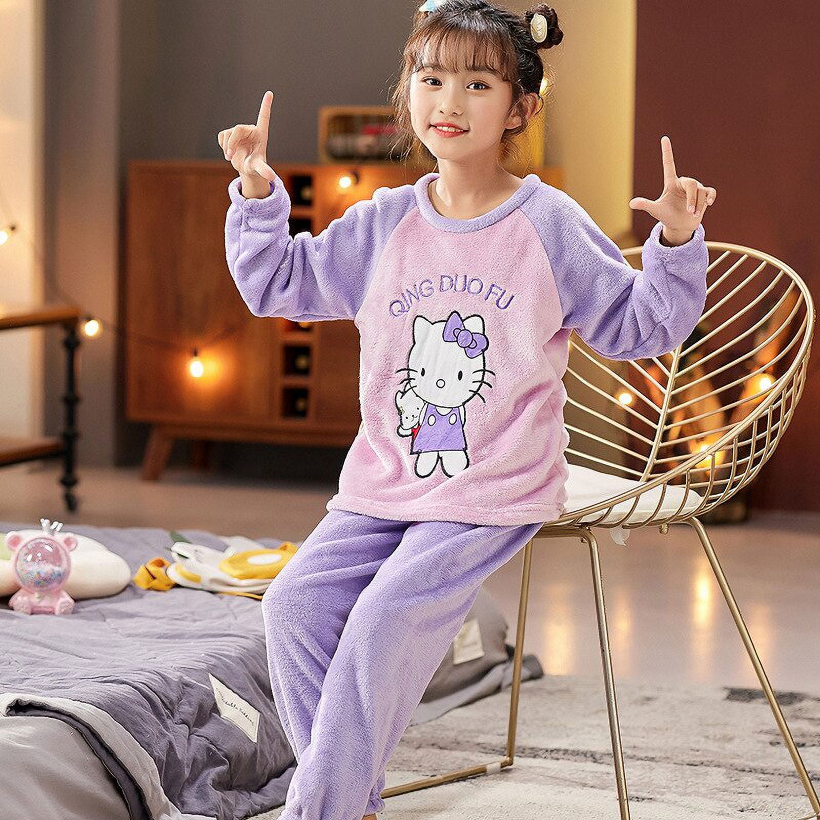 2Pcs Set Anime Hello Kitty Sanrio Cinnamoroll Kuromi Plush Pajamas Cartoon Cute  Pants Long Sleev Student Girl Kid Home Nightgown 