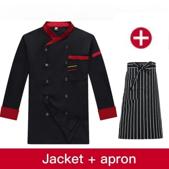 2Pcs Set with Apron Chef Uniform Long-sleeved Catering Hotel Work Clothes Men and Women Chef Uniforms Western Restaurant Hotel Chef Overalls Long-sleeved Breathable